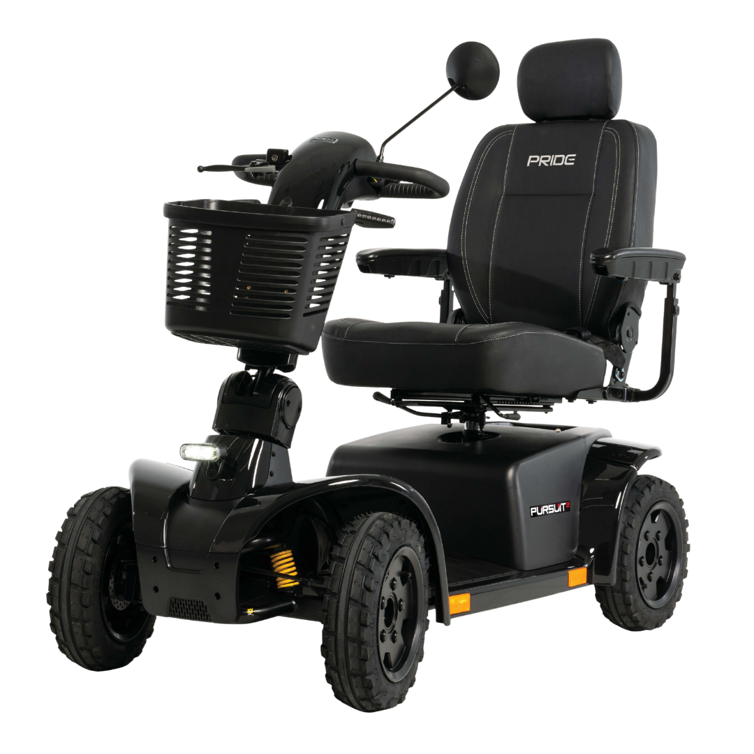 The black Pride Mobility Pursuit® 2 Offroad HD Scooter is a durable outdoor scooter with four rugged wheels, padded seat with armrests and headrest, front basket, and easy-to-use handlebar controls.